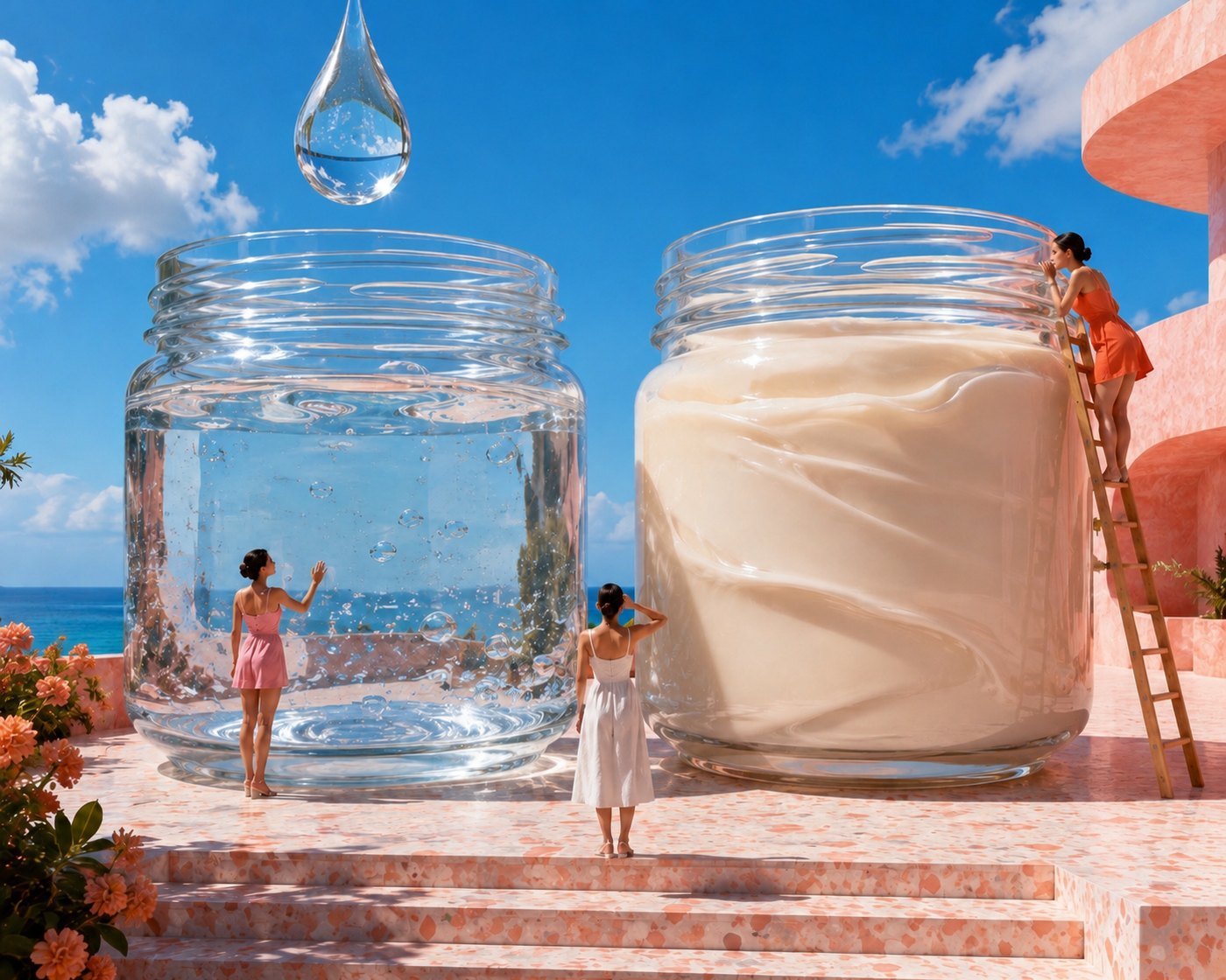 Two colossal glass jars side by side, one filled with clear water and one with thick cream, a giant water droplet suspended above the water jar