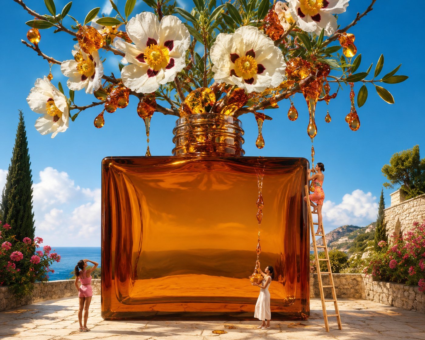 A giant amber perfume bottle in a Mediterranean garden with rockrose branches and dripping resin erupting from its neck