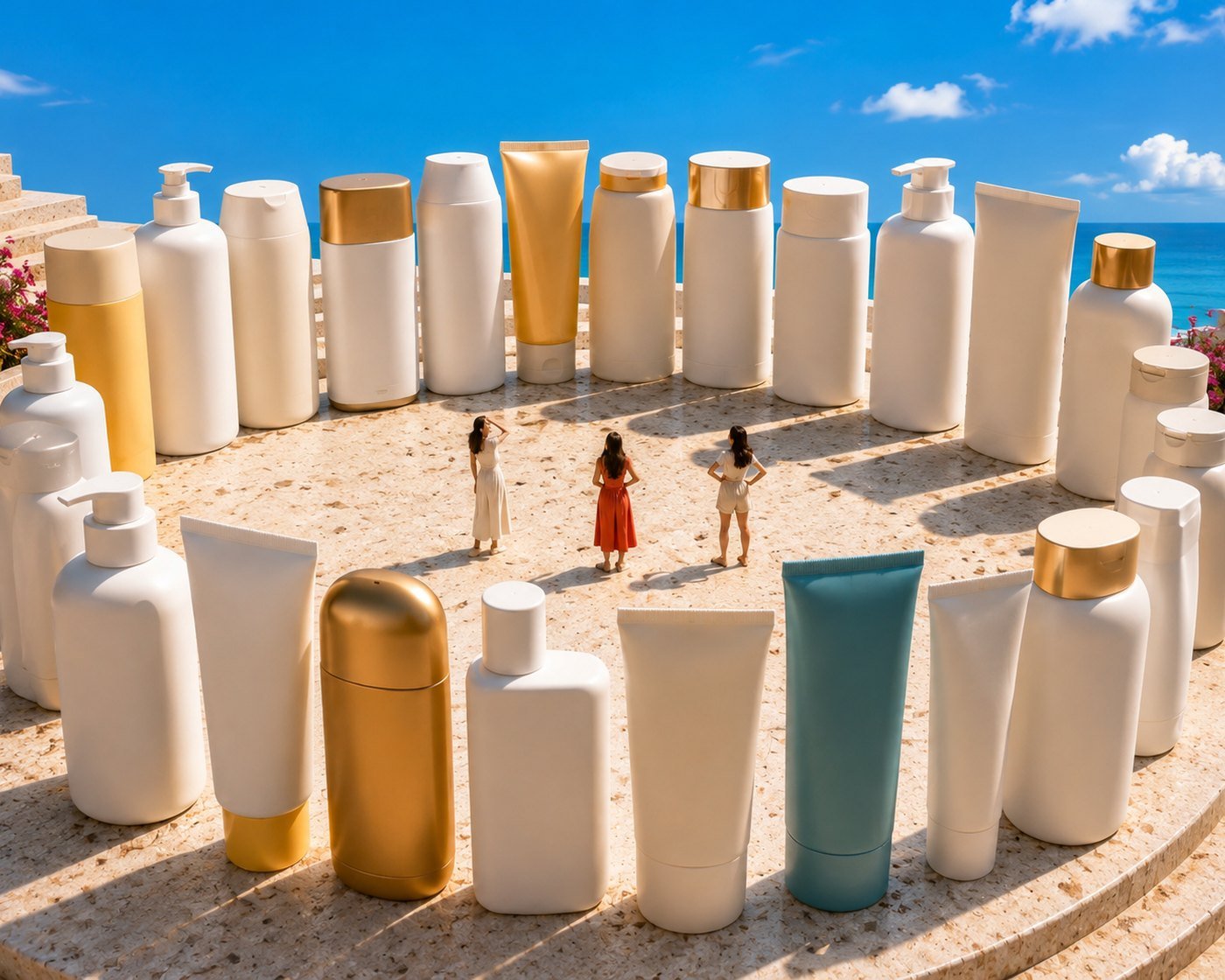 Twenty enormous unlabeled sunscreen bottles arranged in a ring on a sunlit terrazzo plaza, with three small figures standing in the open center looking up